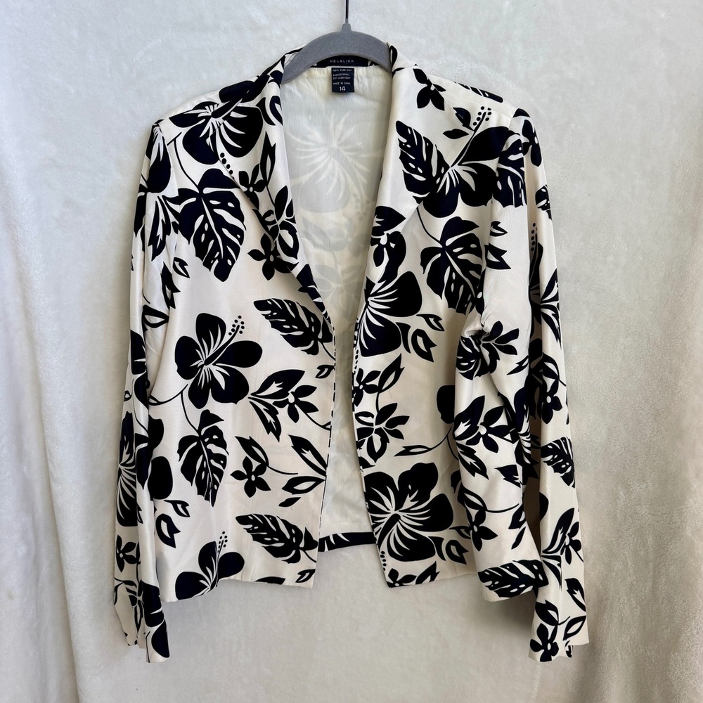 Mel & Lisa Womens Silk Black Cream Hibiscus Floral Open Front Blazer Size 14